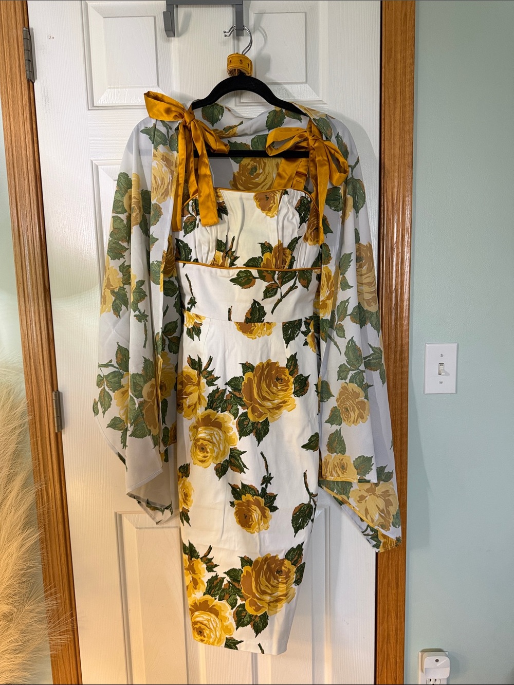 Floral Yellow Rose Sheath Dress with Matching Shawl